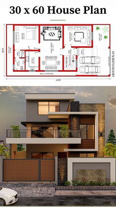 a house plan is shown with the measurements for each floor and its size, including two levels