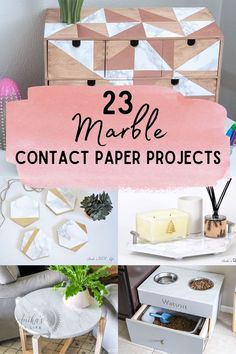 several different pictures with the words 23 marble contact paper projects on it and below them