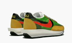 The sacai x Nike LDWaffle Trainer “Green Gusto/Varsity Maize” is one of two colorways released of the unique collaboration.  Japanese avant-garde fashion label sacai brings its distinct aesthetic to this retro-meets-future silhouette that is a hybrid combination of two vintage Nike running models, the LDV and Waffle Racer.  The construction essentially layers the uppers of each model on top of each other, with two layers of suede and double Swooshes atop the mesh base.  The foam midsole follows Waffle Sacai, Nike X Travis Scott, Low Air Jordan 1, Unique Sneakers, Jordan 8, Baskets Nike, Dunks Nike, Jordan 2, Casual Styles