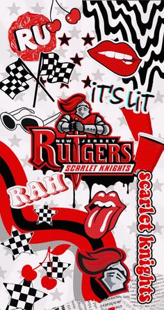 the rolling stones concert poster is shown in red, white and black with various designs on it