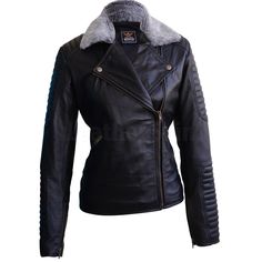 Women Black Hell Grey Fur Brando Padded Rib Quilted Genuine Leather Jacket Pink Biker Jacket, Jacket With Fur Collar, Blue Leather Jacket, Grey Fur, Long Leather Coat, Leather Jacket With Hood, Leather Skin, Mens Black Leather, Genuine Leather Jackets