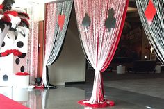 red and white decorations are on display in the lobby