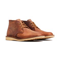 Not everyone has the chance to change their attire — including shoes — when going from the office to after-work gatherings. The unique styling of Red Wing's Weekender Chukkas enables it to translate seamlessly from work to play. The upper is crafted from oiled and waxed copper-colored nubuck leather that's first-wear comfortable thanks to lightweight stitchdown construction. That same construction method makes them resoleable, so when the comfortable Hill rubber outsole has run its course, it's Red Wing Weekender Chukka, Yogi Lifestyle, Wing Shoes, Red Wing Shoes, Beach Wear Men, Chukka Boot, Red Wing, Clarks Originals, Trainer Boots