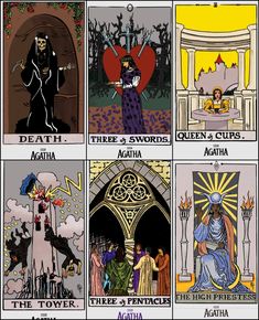 four different types of tarot cards with the names of their characters in them,