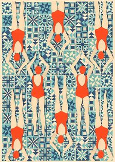 an image of women in swimsuits on a blue and white tile wallpaper