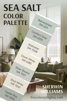 The image shows an "Evergreen Fog Color Palette" by Sherwin Williams, featuring the following paint colors:

Shoji White SW 7042
Urbane Bronze SW 7048
Alabaster SW 7008
Pewter Green SW 6208
Accessible Beige SW 7036
Pure White SW 7005
Retreat SW 6207
The background depicts a cozy bedroom with soft natural lighting, neutral bedding, and decor that complements the earthy, calming tones of the palette. The colors create a balanced, serene atmosphere perfect for relaxation. Sherwin Williams Sea Salt Color Palette, Sw Sea Salt Color Palette, Sherwin Williams Sea Salt Palette, Rainwashed Sherwin Williams, Sw Sea Salt, Sea Salt Paint, Sherwin Williams Sea Salt, Home Pics, Home Color Palette