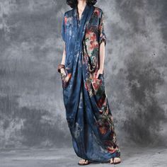 Printing Women Summer Loose Casual Irregular Silk Floral Blue Dress - Buykud Vintage Print V-neck Summer Dresses, Summer V-neck Dress With Vintage Print, Summer Vintage Print V-neck Dress, فستان زهري, Robes Glamour, Crossover Dress, Chiffon Summer Dress, Indigo Floral, Designer Maxi Dress