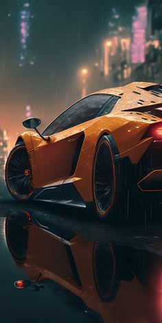 an orange sports car parked in front of a city at night with its lights on