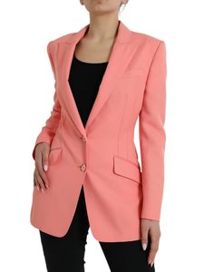 Designed with front flap pockets, long sleeves with buttoned cuffs, and luxurious logo details. Color: Pink Button Closure Lapels Flap Pockets Buttoned cuffs Material: 57% Polyester, 35% Viscose, 8% Elastane Lining: 92% Silk, 8% Elastane Button Closure Made in Italy Luxury Long Sleeve Blazer With Hidden Buttons, Luxury Long Sleeve Blazer With Hidden Button Closure, Designer Formal Blazer With Button Cuffs, Luxury Long Sleeve Office Blazer, Designer Long Sleeve Blazer With Pockets, Luxury Blazer With Lapel Collar And Button Cuffs, Designer Formal Outerwear With Button Cuffs, Designer Long Sleeve Blazer, Designer Blazer With Button Cuffs And Lapel Collar