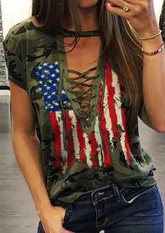 Item #: SCM000845_4 Package : 1 piece Clothing Length : Regular Decoration : Hollow Out Decoration : Lace Up Gender : Women Material : Polyester Pattern Type : American Flag Pattern Type : Camouflage Season : Summer Sleeve Length : Short Sleeve Style : Regular Style : Casual Occasion : Daily Occasion : Festival Item Weight : 190.00 gram Lace Up Blouse, Lace Up T Shirt, American Flag Print, July Party, Country Outfits, Fashion Online Shop, American Flag, Casual Tops, Camouflage