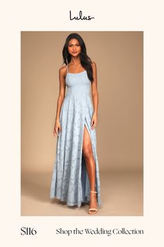 a woman in a blue dress with the words shop the wedding collection on it's side