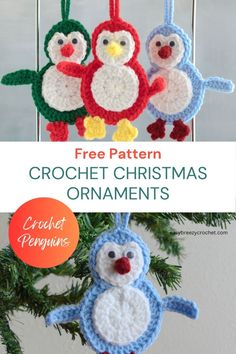 three crochet christmas ornaments hanging from a tree with text overlay that says free pattern