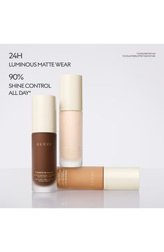 What it is: A 24-hour foundation that delivers a luminous matte finish and full coverage in one drop while feeling breathable, weightless and comfortable. What it does: Combining the best of natural luminosity with a perfecting mattifying effect, Gucci foundation instantly blurs pores, evens out the complexion and blends away imperfections. The matte effect is never dull and stays fresh all day long without looking cakey. Infused with hyaluronic acid and black rose oil, the formula helps boost a Gucci Foundation, Skin Undertones, Matte Foundation, Rose Oil, One Drop, Foundation Brush, Fabric Gift Bags, Fabric Gifts, Free Fabric