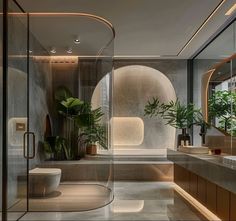 a modern bathroom with plants in the shower