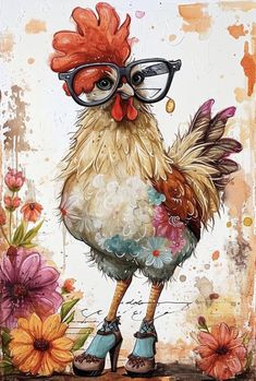 a painting of a rooster wearing glasses and boots