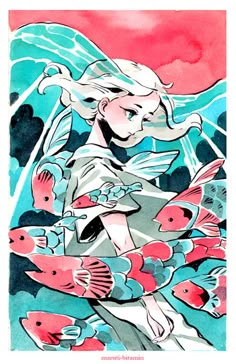 a drawing of a girl surrounded by fish