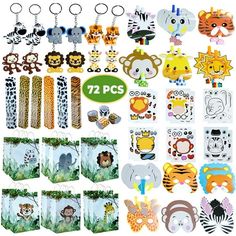 many different animal themed items are shown in this image, including bags and key chains