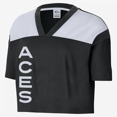 Make every day game day in this varsity-style cotton top. Its spacious fit and ribbed, jersey-style collar make it a go-to for Las Vegas Aces fans everywhere. Sporty V-neck Top For College, Collegiate V-neck Top With Letter Print, Black V-neck Top For College, Black Tops For Game Day, Sporty V-neck Jersey Top, Black Tops For Game Day With School Spirit, Black Varsity Top For Game Day, Sporty V-neck Top With Letter Print, Athleisure V-neck Tops For Streetwear