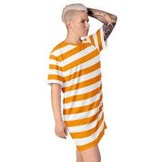 This orange and white stripes t-shirt dress is all around the perfect dress to wear everywhere, anytime. It has a dropped armhole with wide sleeves and dropped shoulders for extra comfort and mobility. It comes in a range of sizes from extra small to plus size, so everyone can enjoy the comfortable feeling of this t-shirt dress. Orange and white stripes make it an extra fun addition to your closet. See more striped clothing View the full Plus Size collection + PRODUCT DESCRIPTION + Made of 96% P White Vertical Stripes T-shirt For Spring, White T-shirt With Vertical Stripes For Spring, White Vertical Stripes T-shirt For Summer, White Vertical Striped T-shirt For Summer, White Vertical Stripes Summer T-shirt, Oversized Striped T-shirt For Summer, Striped Clothing, Extra Petite, Oversized T Shirt Dress