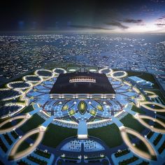 an artist's rendering of the stadium at night, with its lights on and surrounding it