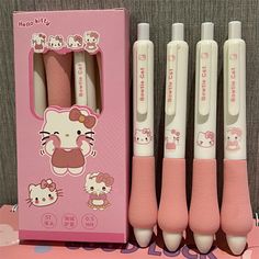 Kawaii 4Pcs/set Sanrio Cartoon Hello Kitty Black Gel Pen Boxed Students Stationery Soft Grip Pen Pretty School Supplies, Cartoon Hello Kitty, Cat Pen, Hello Kitty Black, Sanrio Cartoon, Fine Writing Instruments, Cat Bow Tie, Pen Refills, Rollerball Pen