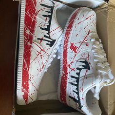 Never Worn Costume Made Authentic Nike Af1’s Nike Air Force 1 With Red Sole In White, White High-top Nike Air Force 1 With Red Sole, Nike Air Force 1 White With Red Sole, Custom White Sneakers With Red Sole For Streetwear, Nike Dunk Low Sp, Custom Af1, Nike Sb Zoom, Nike Waffle, Custom Nike Shoes