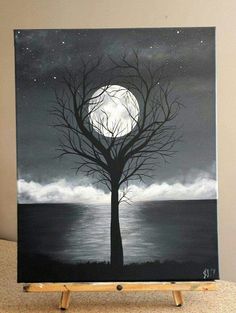 an acrylic painting of a tree with the moon in the background