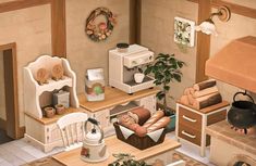 an aerial view of a living room with furniture and decor on the walls, coffee maker, microwave, potted plant