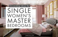 a bed room with a neatly made bed and pink walls