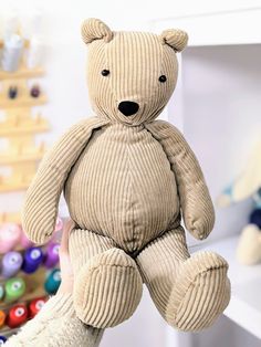 a person holding a teddy bear in front of a shelf filled with colorful balls and toys