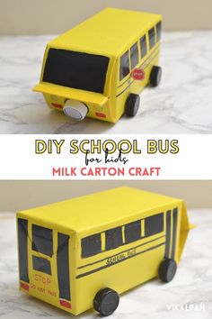 a yellow school bus made out of milk cartons is shown with the words, diy school bus milk carton craft