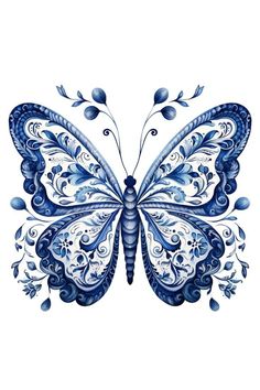 a blue and white butterfly on a white background