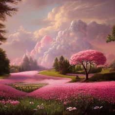 a painting of pink flowers and trees with clouds in the background