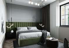 a bedroom with a green headboard and white bed in the middle, surrounded by windows