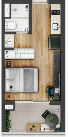 an overhead view of a living room and bedroom in a small apartment with wood flooring