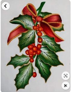 a drawing of holly with red berries and green leaves on it's side,