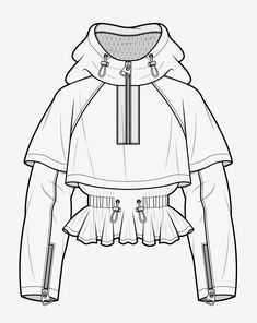 a drawing of a cropped jacket with ruffles on the bottom and hood