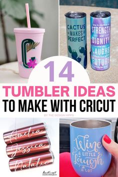 collage of Cricut tumbler ideas for vinyl and sublimation with the text "14 tumbler ideas to make with Cricut" Personalized Tumblers Vinyl Decals, Personalized Wine Tumblers, Tumbler Wrap Template, Sublimation Wraps, Unique Glassware, Cup Decorating