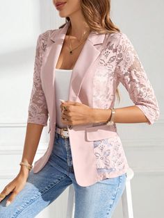 Women's Spring/Summer Solid Color Contrast Collar Contrast Lace Elegant Blazer With 3/4 Sleeves Dusty Pink Elegant  Three Quarter Length Sleeve Lace Colorblock,Plain,All Over Print Regular Slight Stretch  Women Clothing, size features are:Bust: ,Length: ,Sleeve Length: Ladies Blazer Design, Blazers For Women Outfits, Elegant Clothes For Women, Stylish Blazers, Lace Blazer Jacket, Minimalistic Outfits, Elegant Blazers, Lace Blazer, Women Blouses Fashion