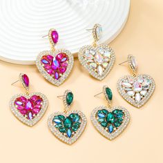 Material: Alloy Color: AB Color, Green, Rose Red Fashion Element: Love Heart/Heart Shape Style: INS Style Colorful Crystals, Rose Rouge, Green Rose, Gorgeous Jewelry, Red Fashion, Heart Shape, Ring Necklace, Red Roses, Womens Watches