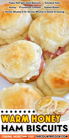 ham biscuits on a white plate with the words warm honey written below it