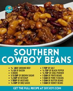 Easy Old-Fashioned Southern Cowboy Beans Recipe Cowboy Beans Recipe, Southern Cowboy, Cowboy Beans, Diy Joy, Baked Bean Recipes, Beans Recipe, Beef Recipes Easy, Crock Pot Cooking, Baked Beans