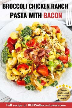 Chicken Bacon Ranch Pasta with Broccoli on a white plate. Broccoli Chicken Pasta, Bacon Recipes For Dinner, Pasta With Bacon, Bacon Dinner, Chicken Broccoli Pasta, Chicken Bacon Pasta, Chicken Ranch Pasta, Cheesy Rice, Chicken Bacon Ranch Pasta