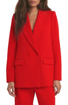 Sound the alarm—this polished double-breasted blazer is updated in an irresistible fiery hue. 29" length (size Medium) Double-breasted button closure Notched lapels Three-button cuffs Front flap pockets Lined 63% polyester, 32% rayon, 5% spandex Dry clean Imported Red Double-breasted Blazer For Formal Occasions, Sleek Double-breasted Blazer Dress With Double Button, Sleek Double-breasted Blazer With Double Button, Red Long Sleeve Double-breasted Blazer, Red Double-breasted Long Sleeve Blazer, Red Double Button Blazer, Red Double Button Closure Blazer, Red Double Button Blazer For Business, Red Double Button Business Blazer