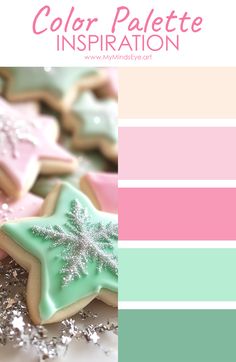 the color palette is pink, green, and blue with silver glitter stars on them