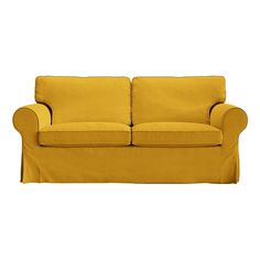 a yellow couch sitting on top of a white floor