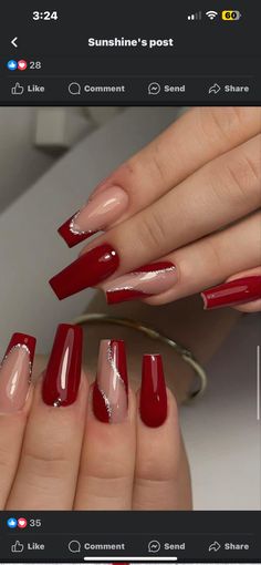 Red Silver Nails, Red Wine Nails, Wine Red Nails, Plain Acrylic Nails, Red And Silver Nails, Prom Nails Red, Red And Gold Nails, Silver Nail Designs