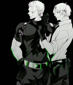 two anime guys standing next to each other in front of a black background with green light