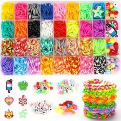 many different colored loom bracelets and accessories