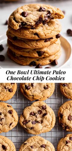 one bowl ultimate palen chocolate chip cookies are stacked on top of each other, and the